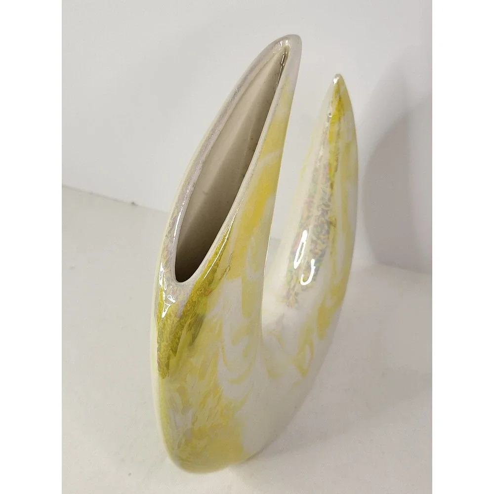 Vintage Iridescent Yellow Marbled Ceramic Crescent Moon Vase Art Pottery 8.5